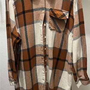 Torrid Brown and White Plaid Long Cardigan